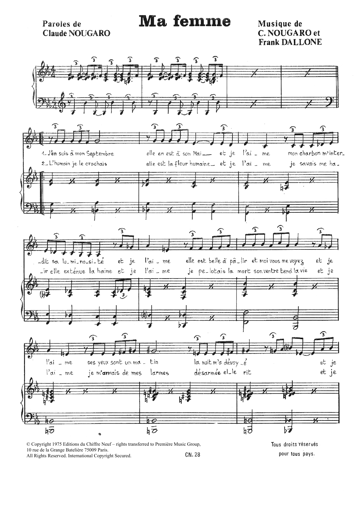 Download Claude Nougaro Ma Femme Sheet Music and learn how to play Piano & Vocal PDF digital score in minutes