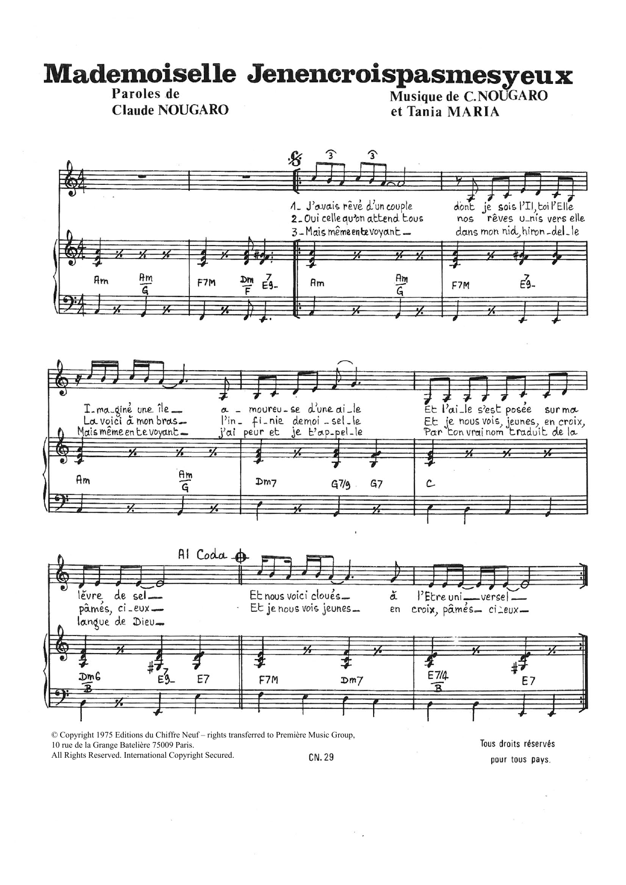 Download Claude Nougaro Mademoiselle Je N'en Crois Pas Mes Yeux Sheet Music and learn how to play Piano & Vocal PDF digital score in minutes