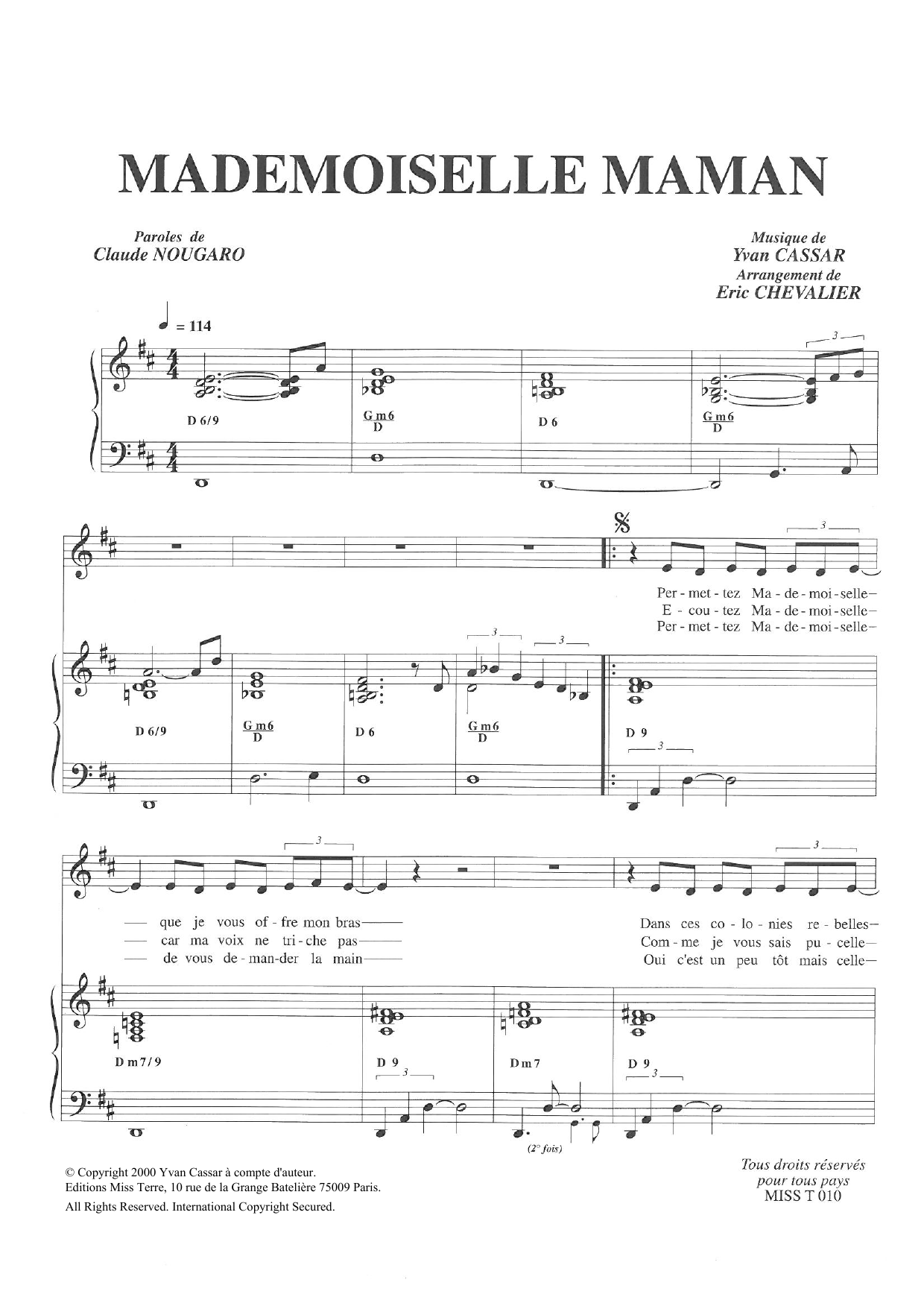 Download Claude Nougaro Mademoiselle Maman Sheet Music and learn how to play Piano & Vocal PDF digital score in minutes