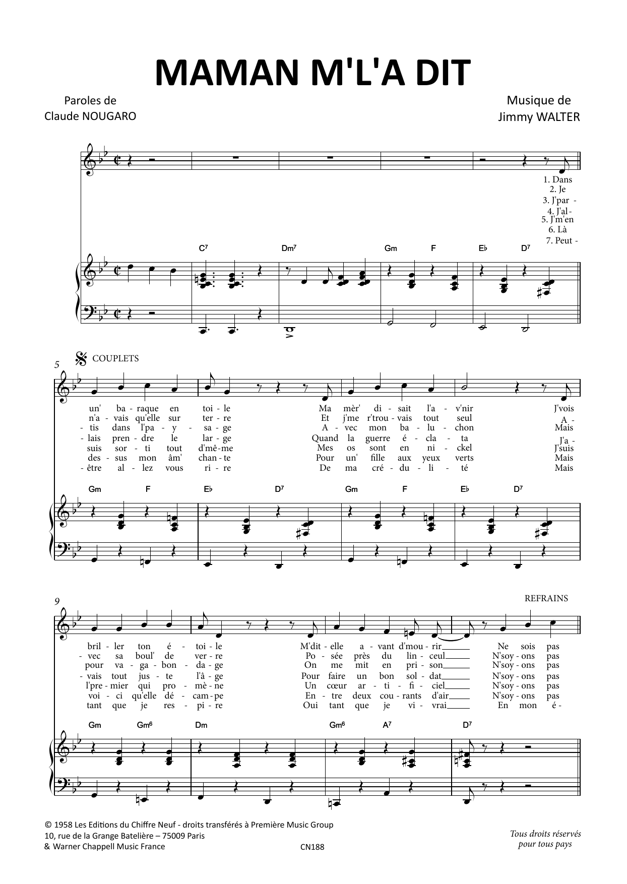 Download Claude Nougaro Maman m'l'a Dit Sheet Music and learn how to play Piano & Vocal PDF digital score in minutes