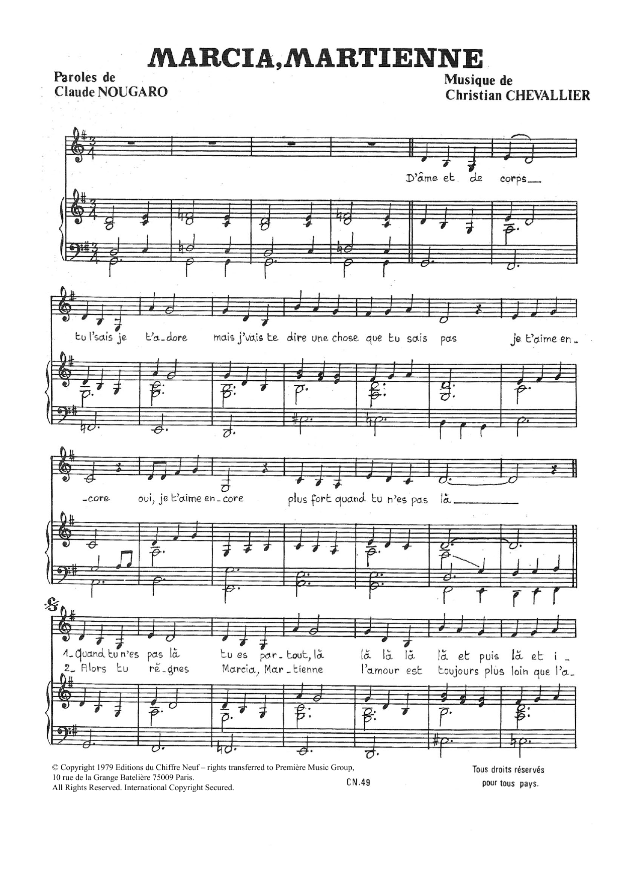 Download Claude Nougaro Marcia Martienne Sheet Music and learn how to play Piano & Vocal PDF digital score in minutes