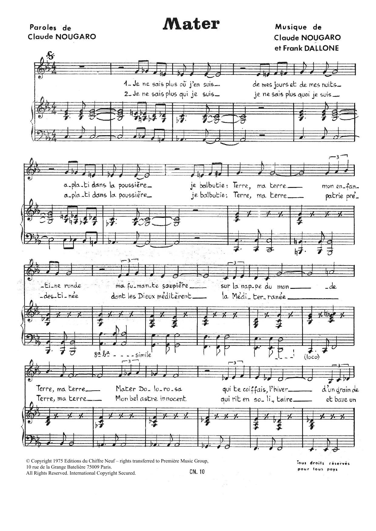 Download Claude Nougaro Mater Sheet Music and learn how to play Piano & Vocal PDF digital score in minutes
