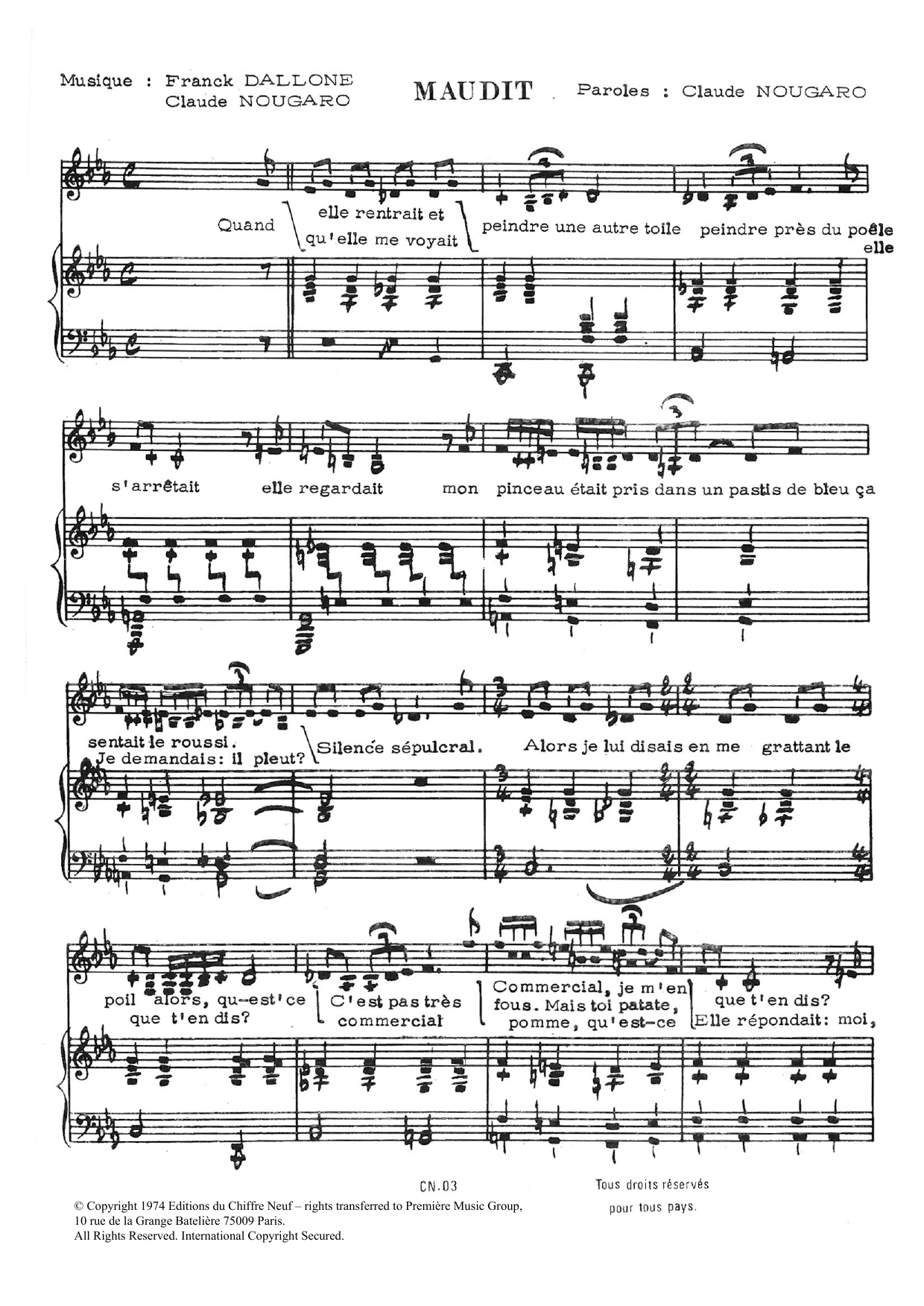 Download Claude Nougaro Maudit Sheet Music and learn how to play Piano & Vocal PDF digital score in minutes