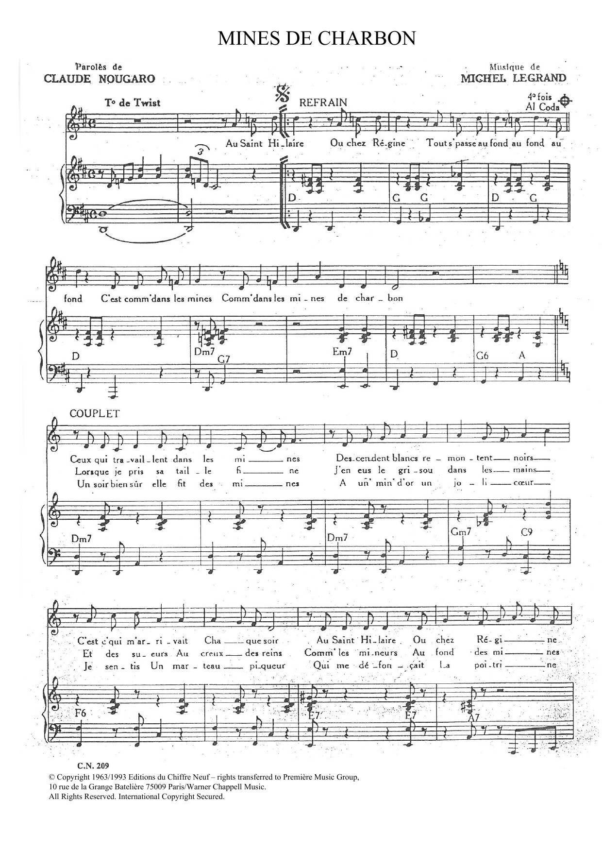 Download Claude Nougaro Mines De Charbon Sheet Music and learn how to play Piano & Vocal PDF digital score in minutes