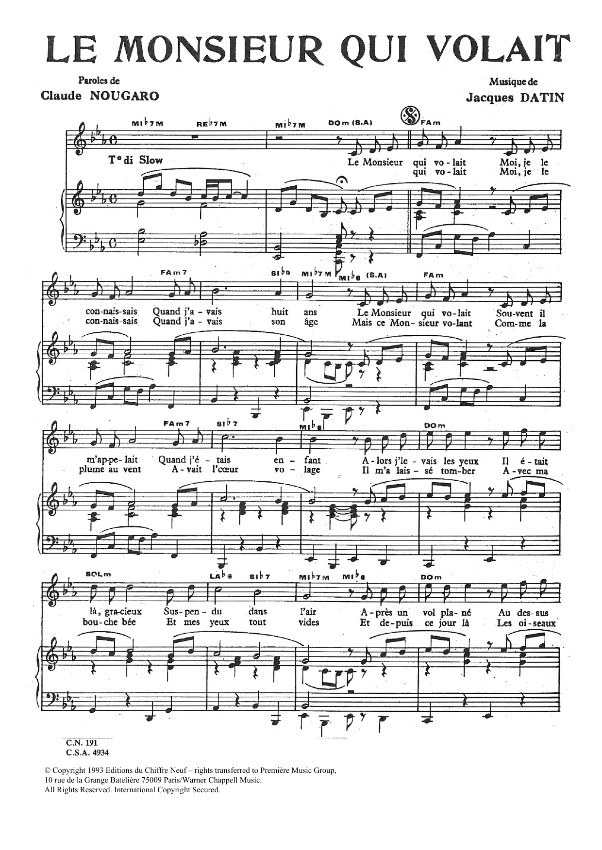 Download Claude Nougaro Monsieur Qui Volait Sheet Music and learn how to play Piano & Vocal PDF digital score in minutes