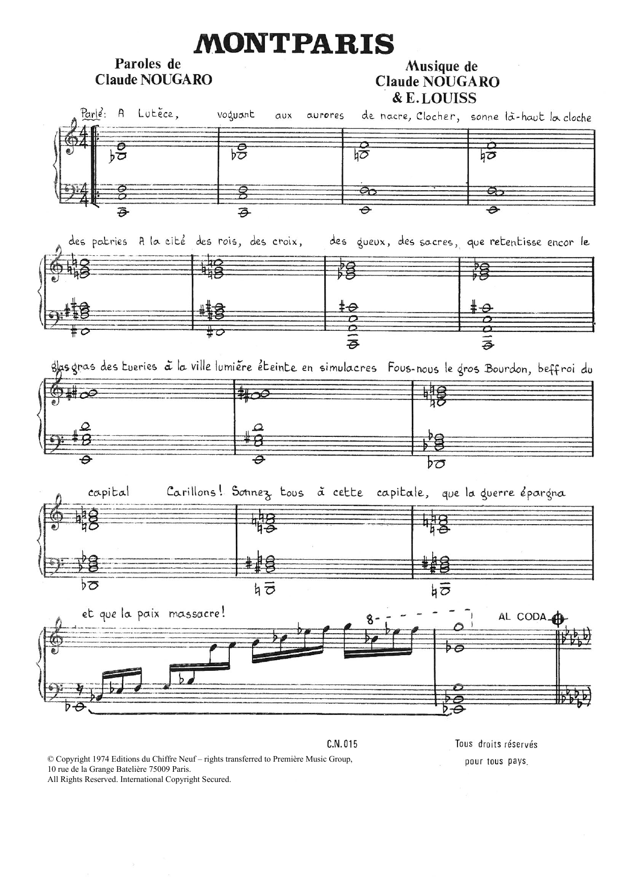 Download Claude Nougaro Montparis Sheet Music and learn how to play Piano & Vocal PDF digital score in minutes