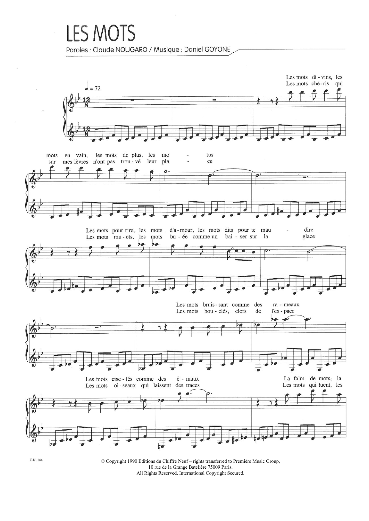 Download Claude Nougaro Mots Sheet Music and learn how to play Piano & Vocal PDF digital score in minutes