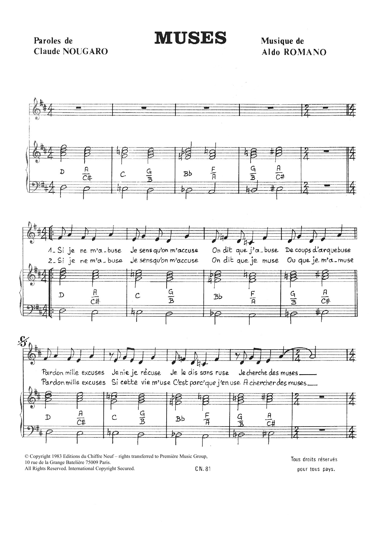 Download Claude Nougaro Muses Sheet Music and learn how to play Piano & Vocal PDF digital score in minutes