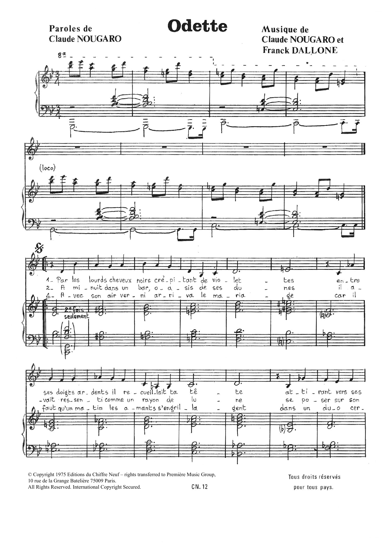 Download Claude Nougaro Odette Sheet Music and learn how to play Piano & Vocal PDF digital score in minutes