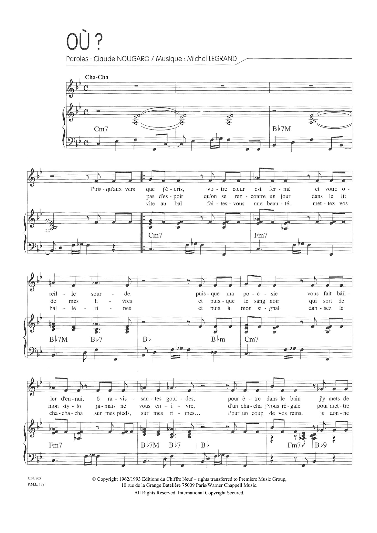 Download Claude Nougaro Ou? Sheet Music and learn how to play Piano & Vocal PDF digital score in minutes