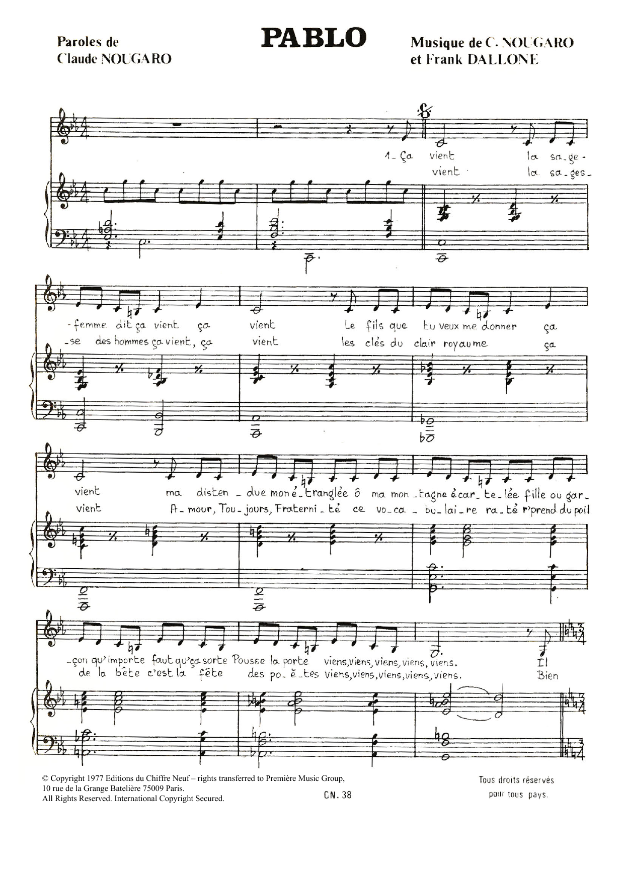 Download Claude Nougaro Pablo Sheet Music and learn how to play Piano & Vocal PDF digital score in minutes