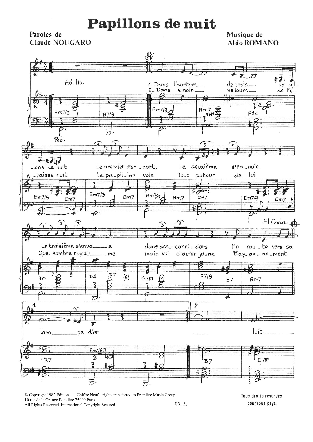 Download Claude Nougaro Papillons De Nuit Sheet Music and learn how to play Piano & Vocal PDF digital score in minutes