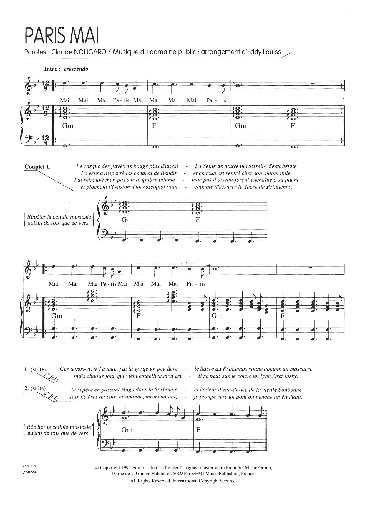 Download Claude Nougaro Paris Mai Sheet Music and learn how to play Piano & Vocal PDF digital score in minutes