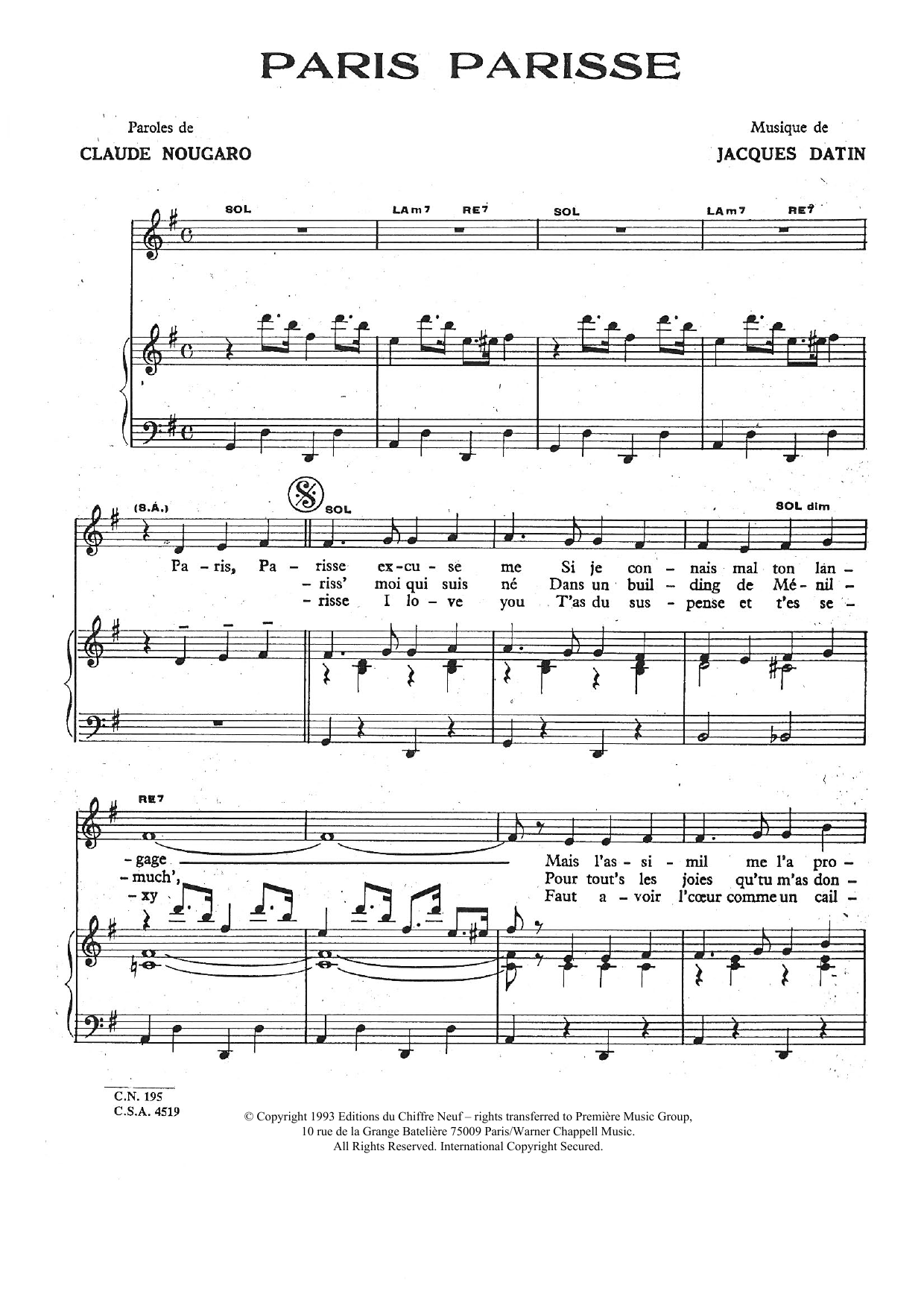 Download Claude Nougaro Paris Parisse Sheet Music and learn how to play Piano & Vocal PDF digital score in minutes