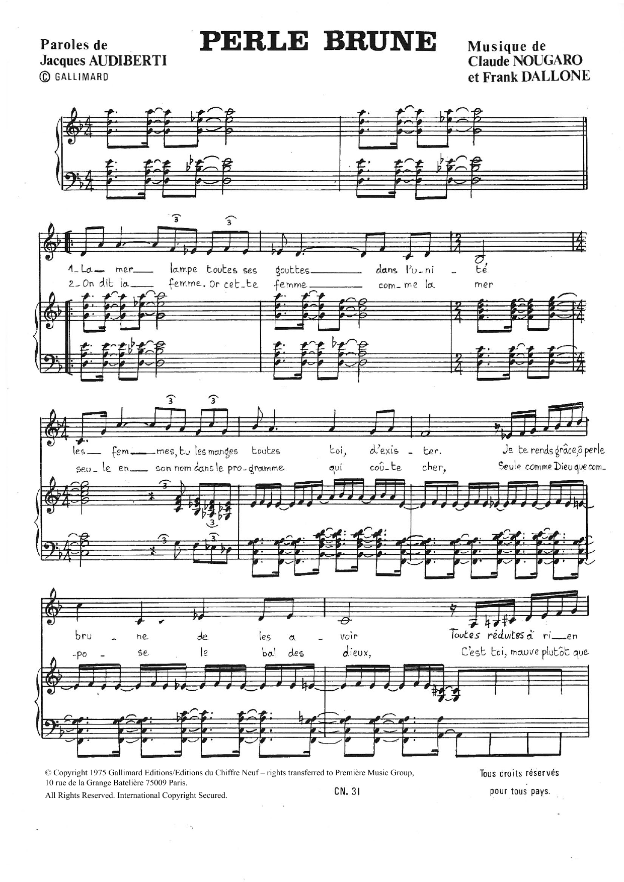 Download Claude Nougaro Perle Brune Sheet Music and learn how to play Piano & Vocal PDF digital score in minutes