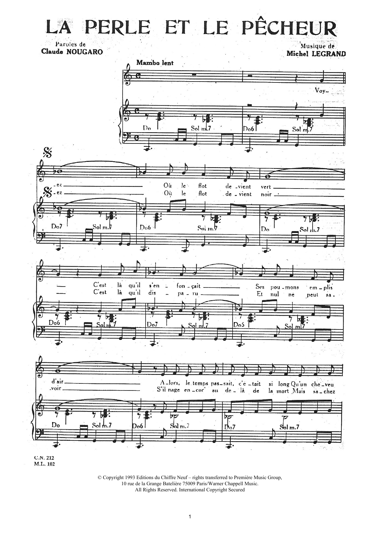 Download Claude Nougaro Perle Et Le Pecheur Sheet Music and learn how to play Piano & Vocal PDF digital score in minutes