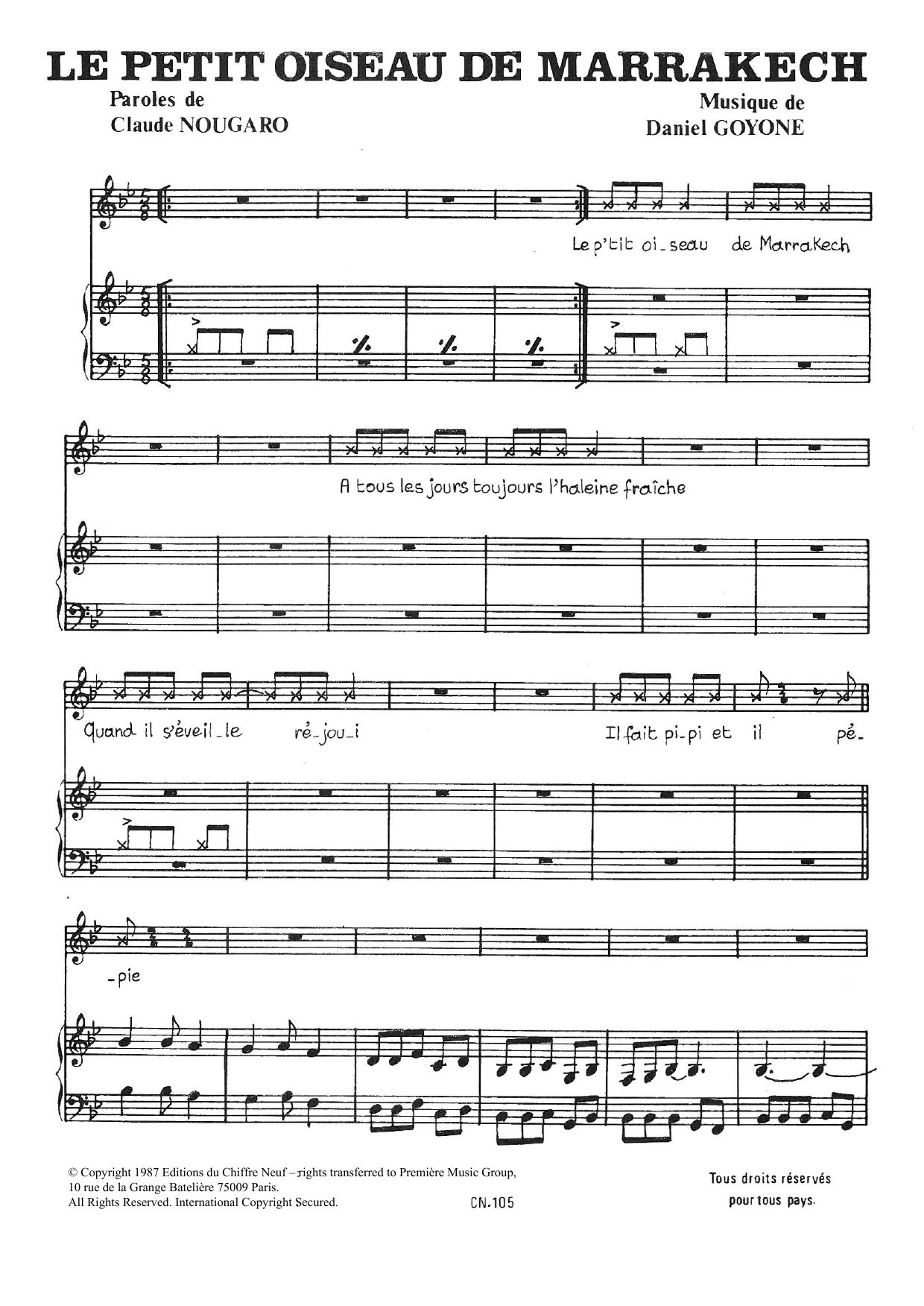 Download Claude Nougaro Petit Oiseau De Marrakech Sheet Music and learn how to play Piano & Vocal PDF digital score in minutes