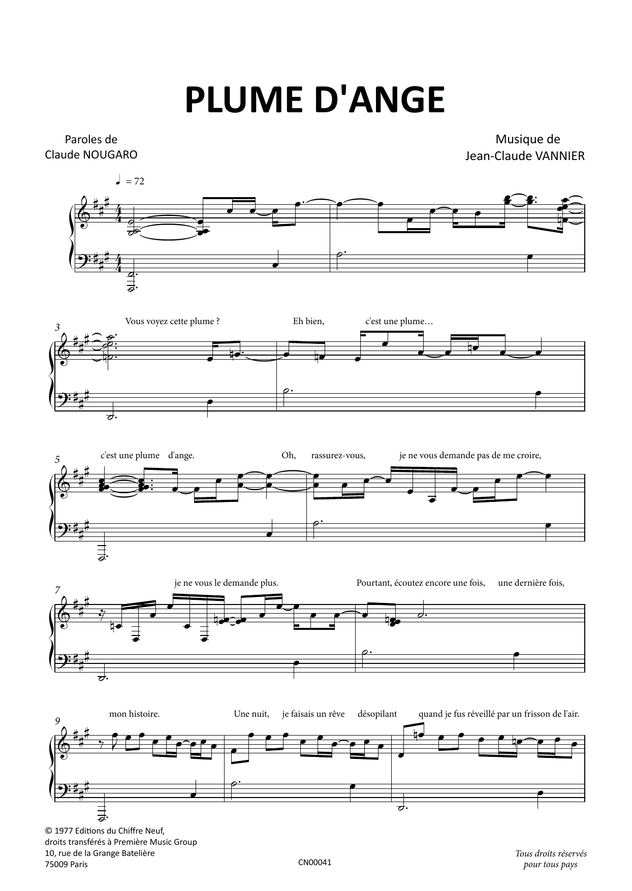 Download Claude Nougaro Plume D'Ange Sheet Music and learn how to play Piano & Vocal PDF digital score in minutes