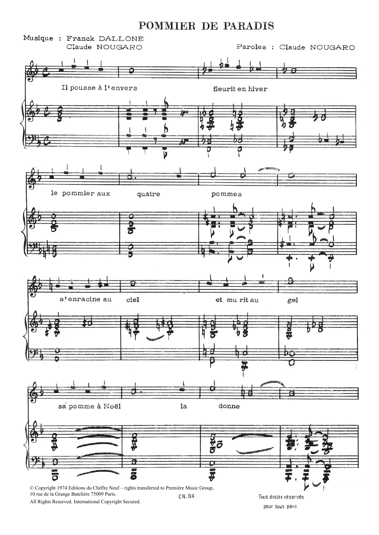 Download Claude Nougaro Pommier De Paradis Sheet Music and learn how to play Piano & Vocal PDF digital score in minutes