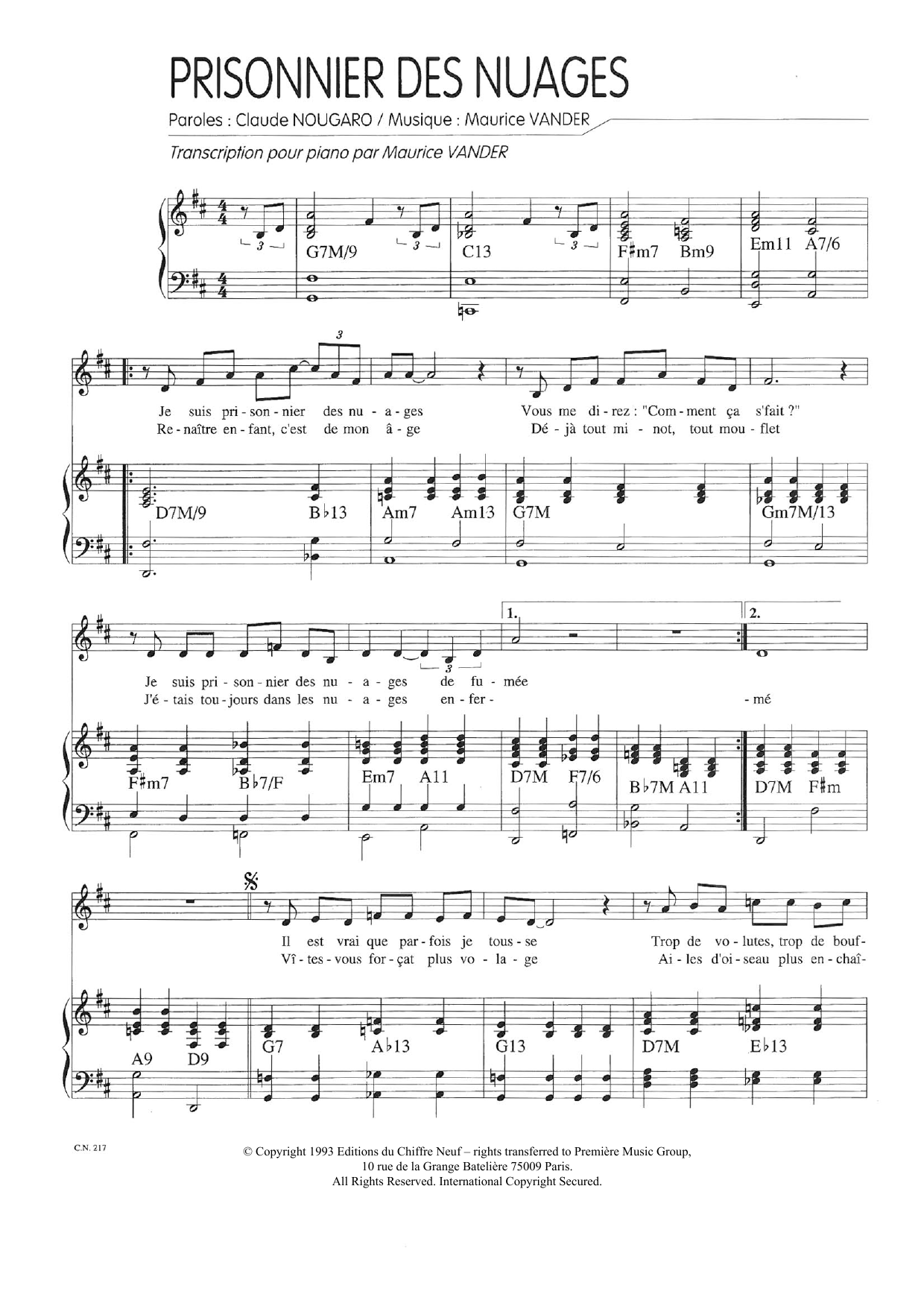 Download Claude Nougaro Prisonnier Des Nuages Sheet Music and learn how to play Piano & Vocal PDF digital score in minutes