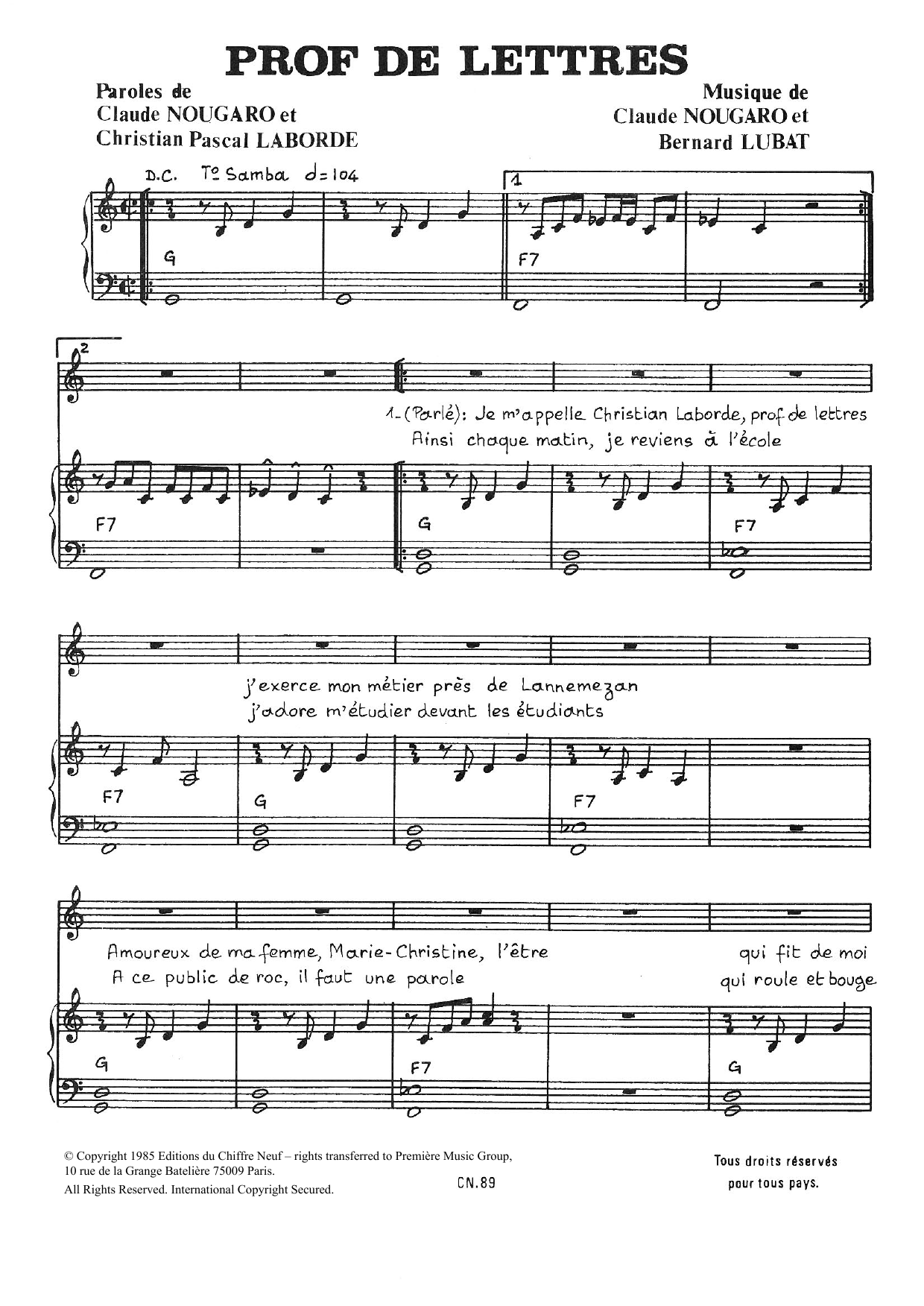 Download Claude Nougaro Prof De Lettres Sheet Music and learn how to play Piano & Vocal PDF digital score in minutes