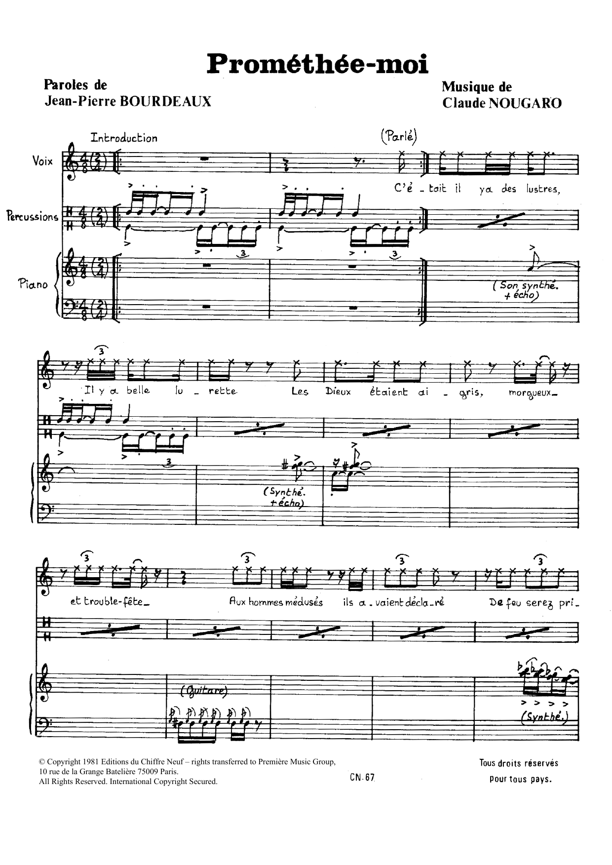 Download Claude Nougaro Promethee-moi Sheet Music and learn how to play Piano & Vocal PDF digital score in minutes