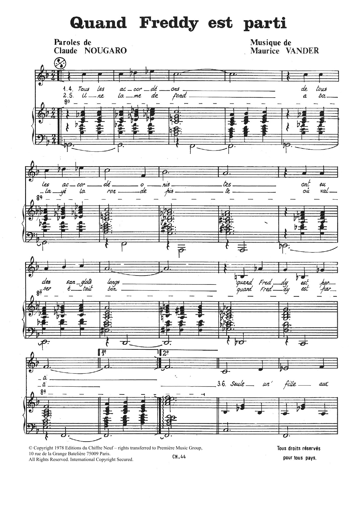 Download Claude Nougaro Quand Freddy Est Parti Sheet Music and learn how to play Piano & Vocal PDF digital score in minutes