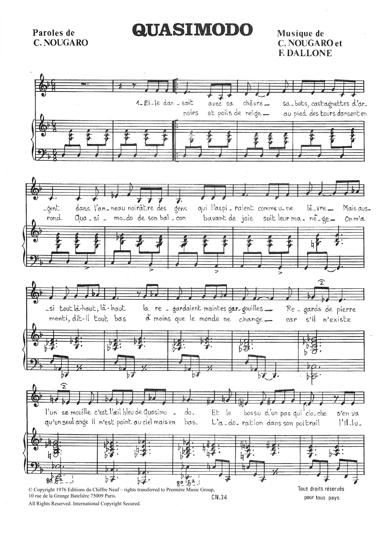 Download Claude Nougaro Quasimodo Sheet Music and learn how to play Piano & Vocal PDF digital score in minutes