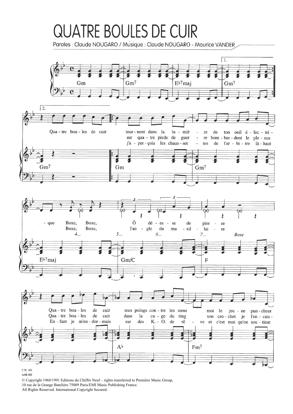 Download Claude Nougaro Quatre Boules De Cuir Sheet Music and learn how to play Piano & Vocal PDF digital score in minutes