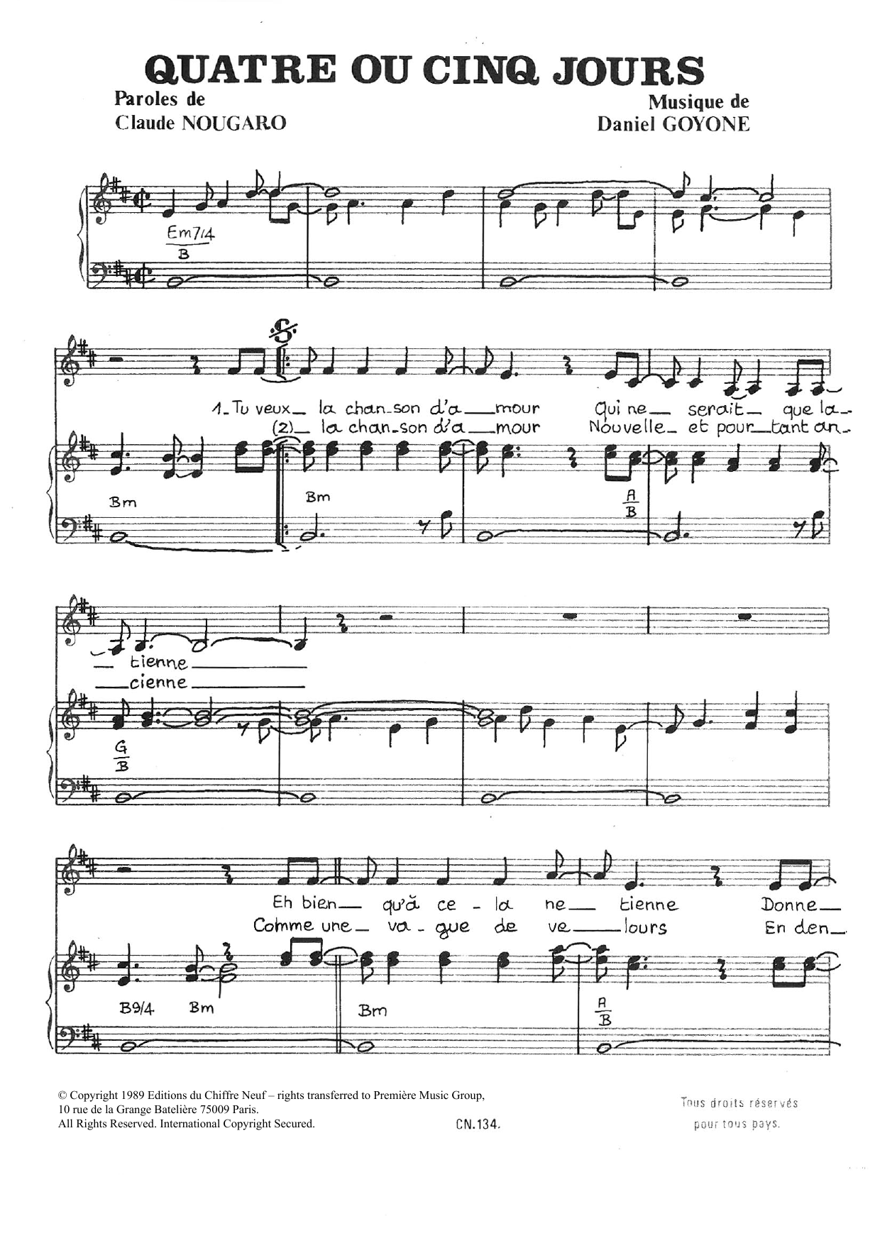 Download Claude Nougaro Quatre Ou Cinq Jours Sheet Music and learn how to play Piano & Vocal PDF digital score in minutes