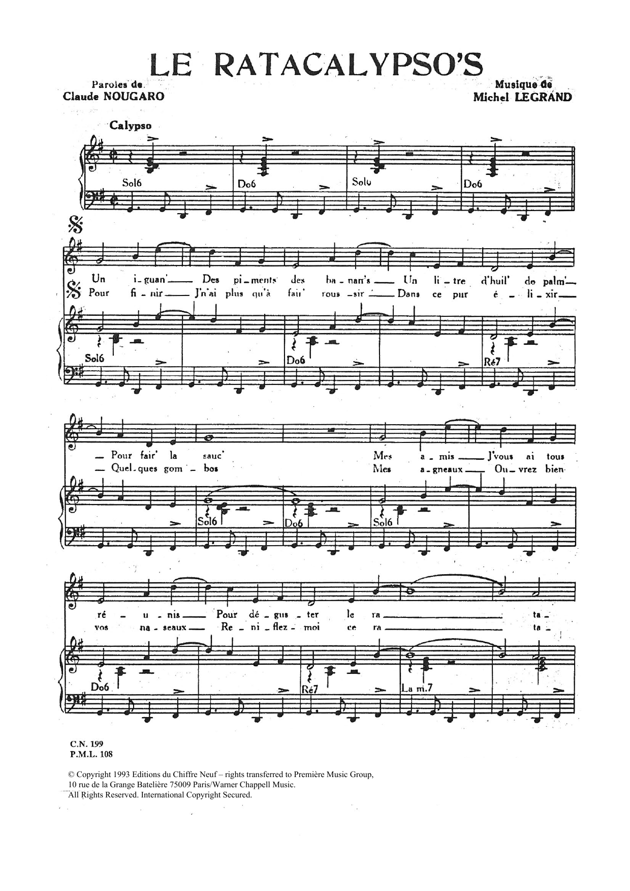 Download Claude Nougaro Ratacalypso's Sheet Music and learn how to play Piano & Vocal PDF digital score in minutes