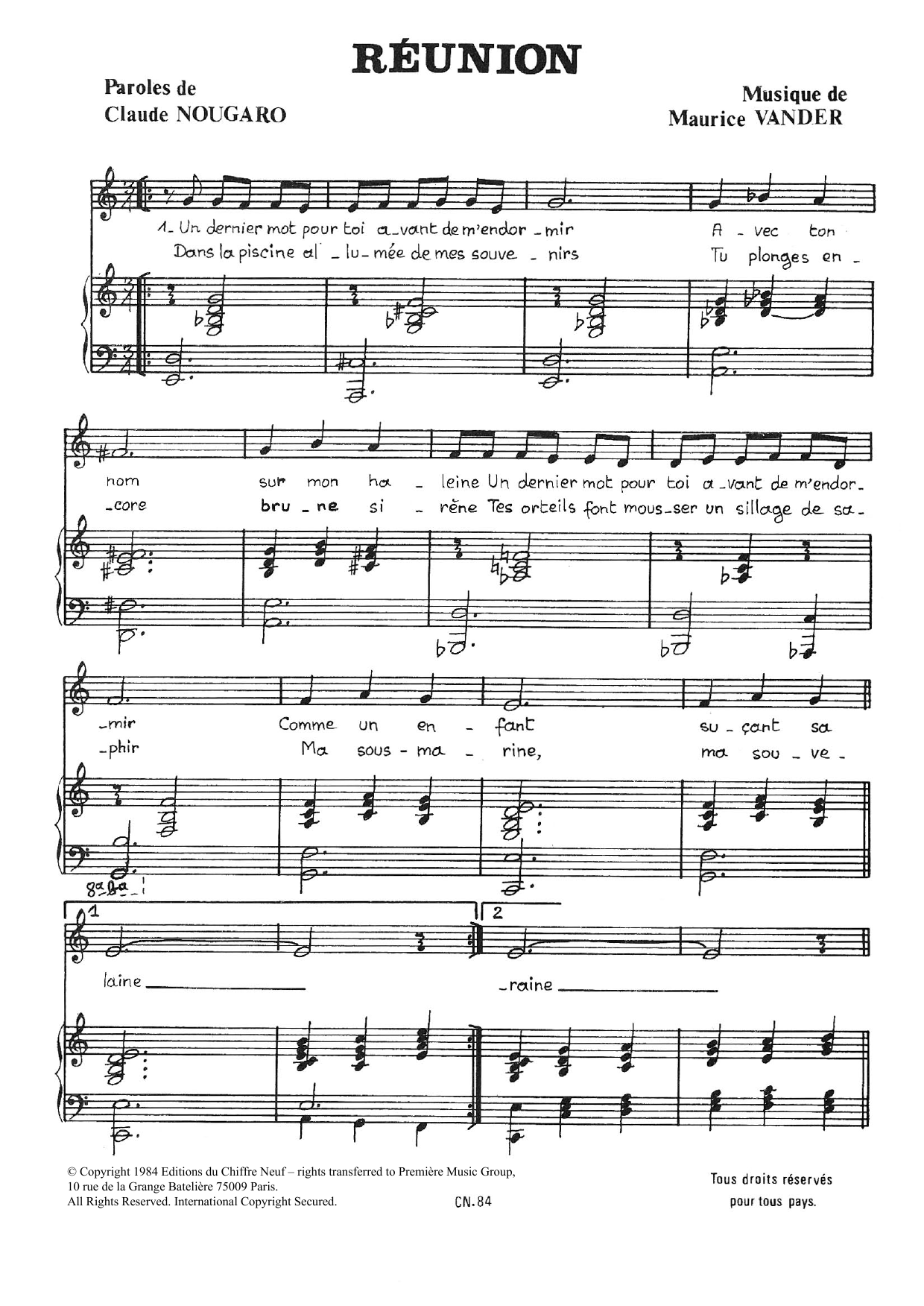 Download Claude Nougaro Reunion Sheet Music and learn how to play Piano & Vocal PDF digital score in minutes