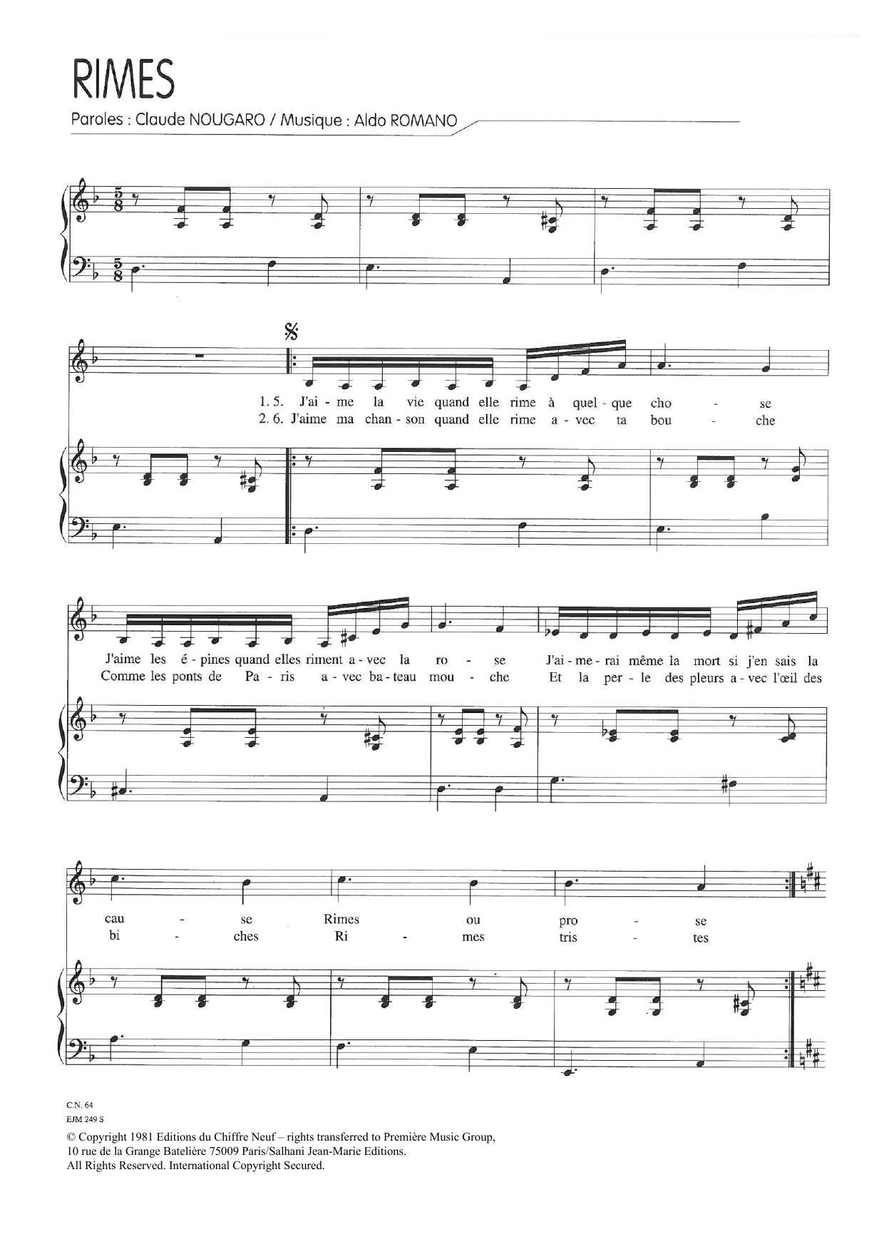 Download Claude Nougaro Rimes Sheet Music and learn how to play Piano & Vocal PDF digital score in minutes