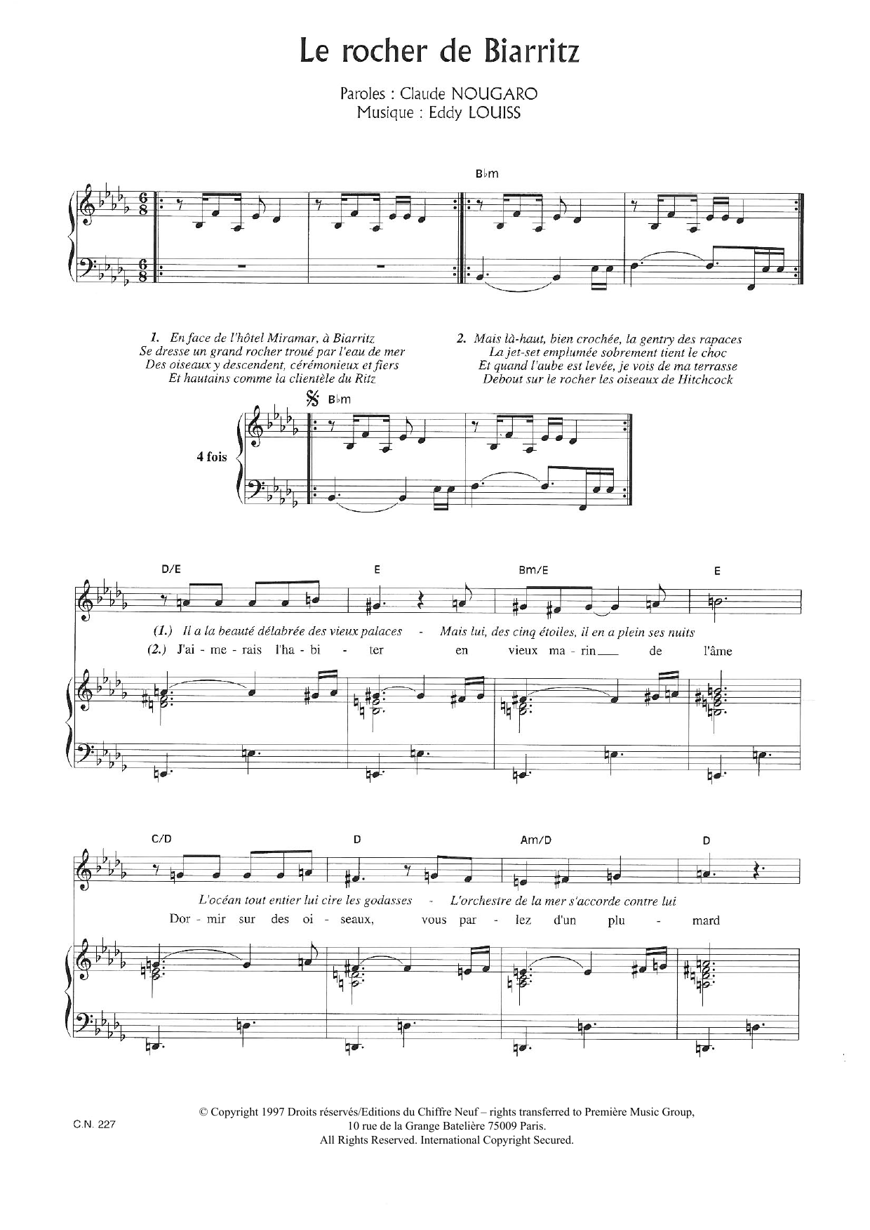 Download Claude Nougaro Rocher De Biarritz Sheet Music and learn how to play Piano & Vocal PDF digital score in minutes