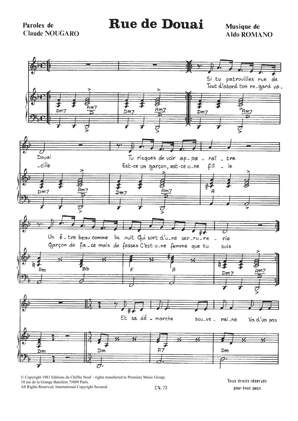 Download Claude Nougaro Rue De Douai Sheet Music and learn how to play Piano & Vocal PDF digital score in minutes