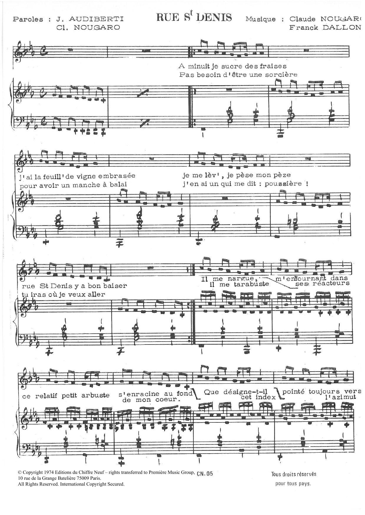 Download Claude Nougaro Rue Saint Denis Sheet Music and learn how to play Piano & Vocal PDF digital score in minutes