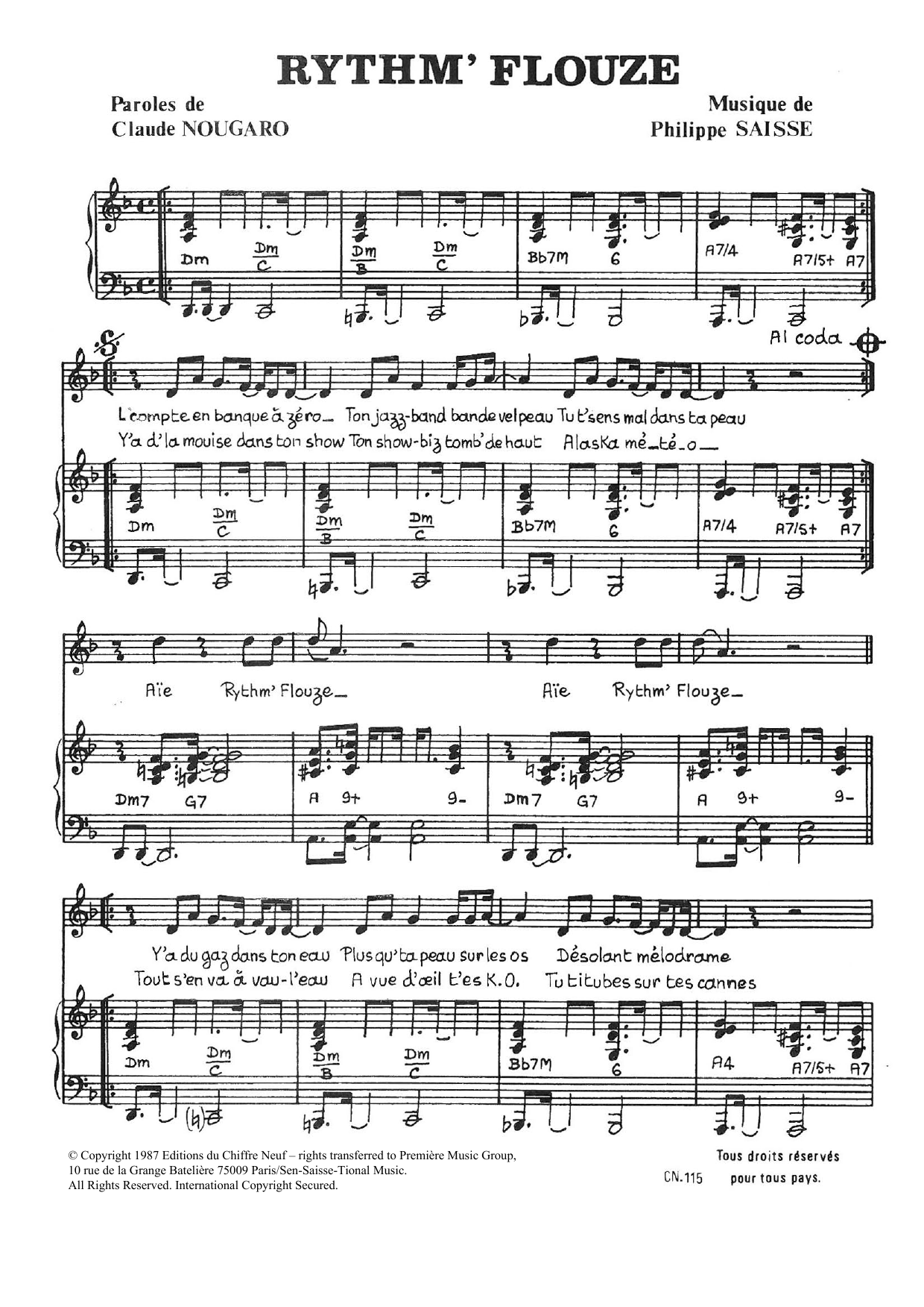 Download Claude Nougaro Rythm' Flouze Sheet Music and learn how to play Piano & Vocal PDF digital score in minutes