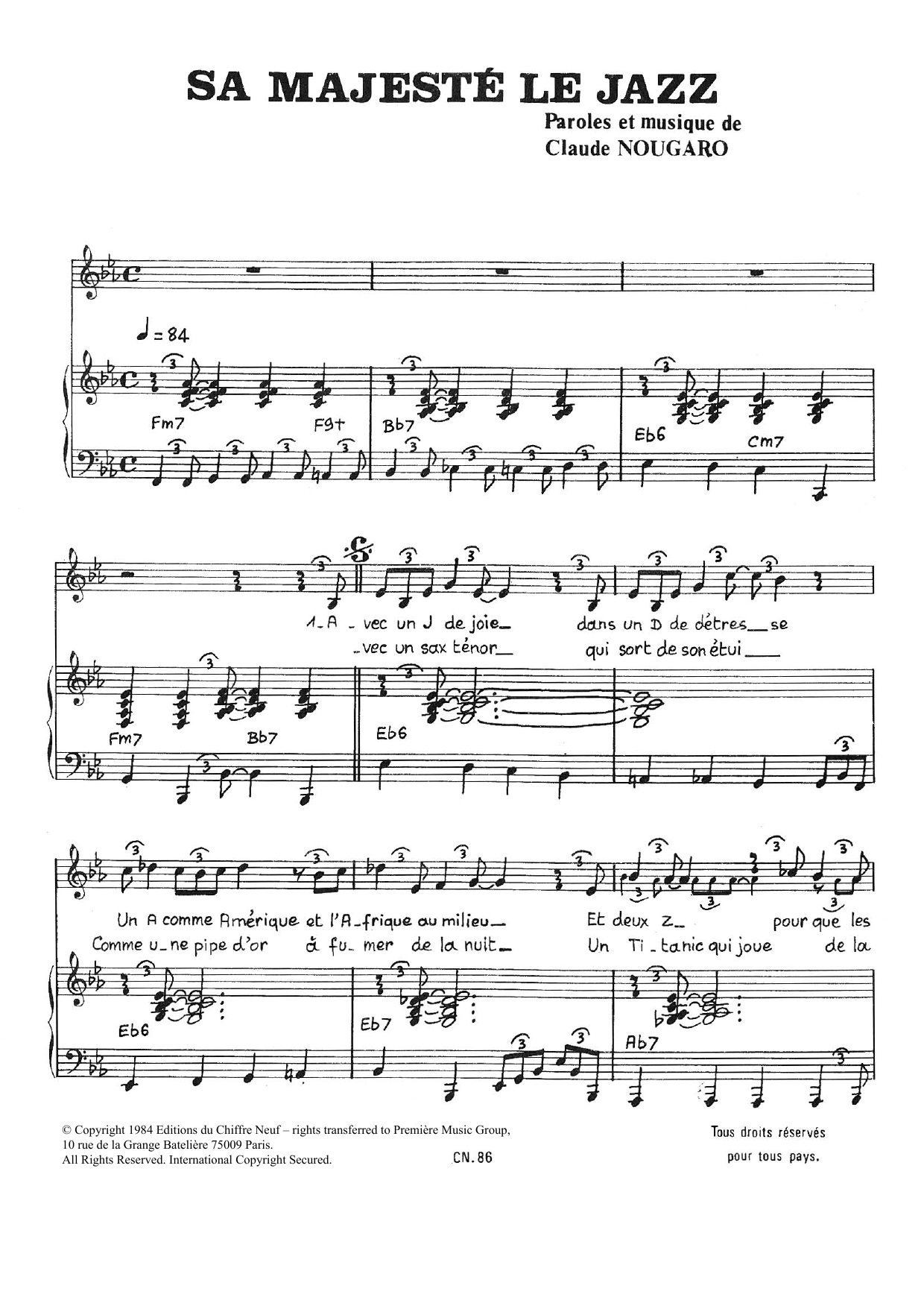 Download Claude Nougaro Sa Majeste Le Jazz Sheet Music and learn how to play Piano & Vocal PDF digital score in minutes
