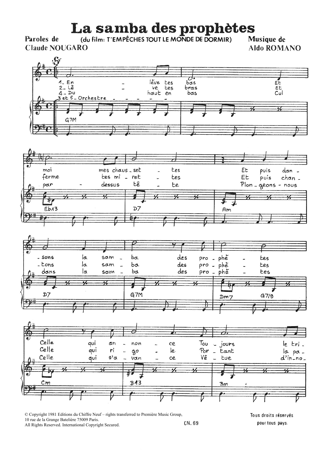 Download Claude Nougaro Samba Des Prophetes Sheet Music and learn how to play Piano & Vocal PDF digital score in minutes