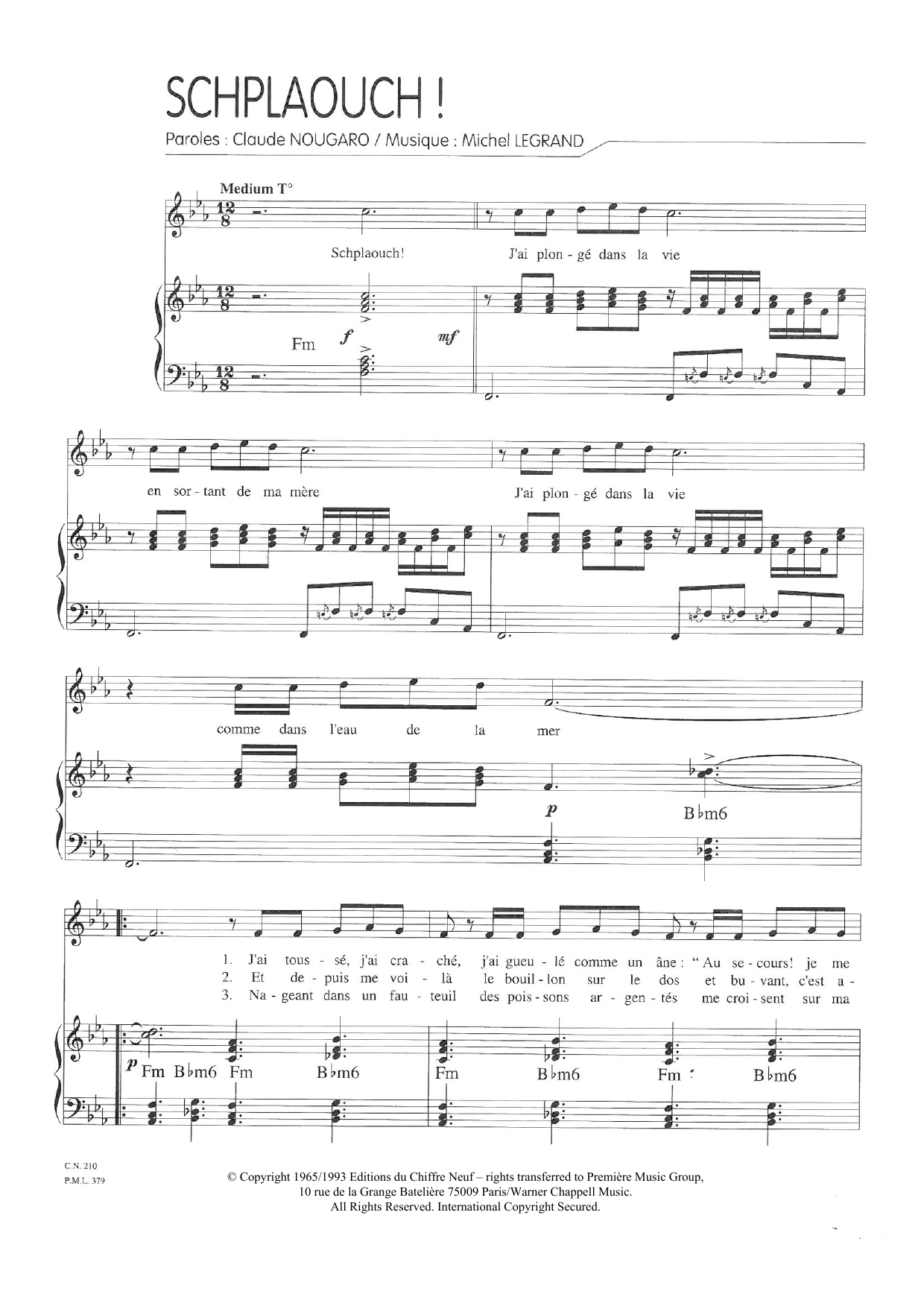 Download Claude Nougaro Schplaouch Sheet Music and learn how to play Piano & Vocal PDF digital score in minutes