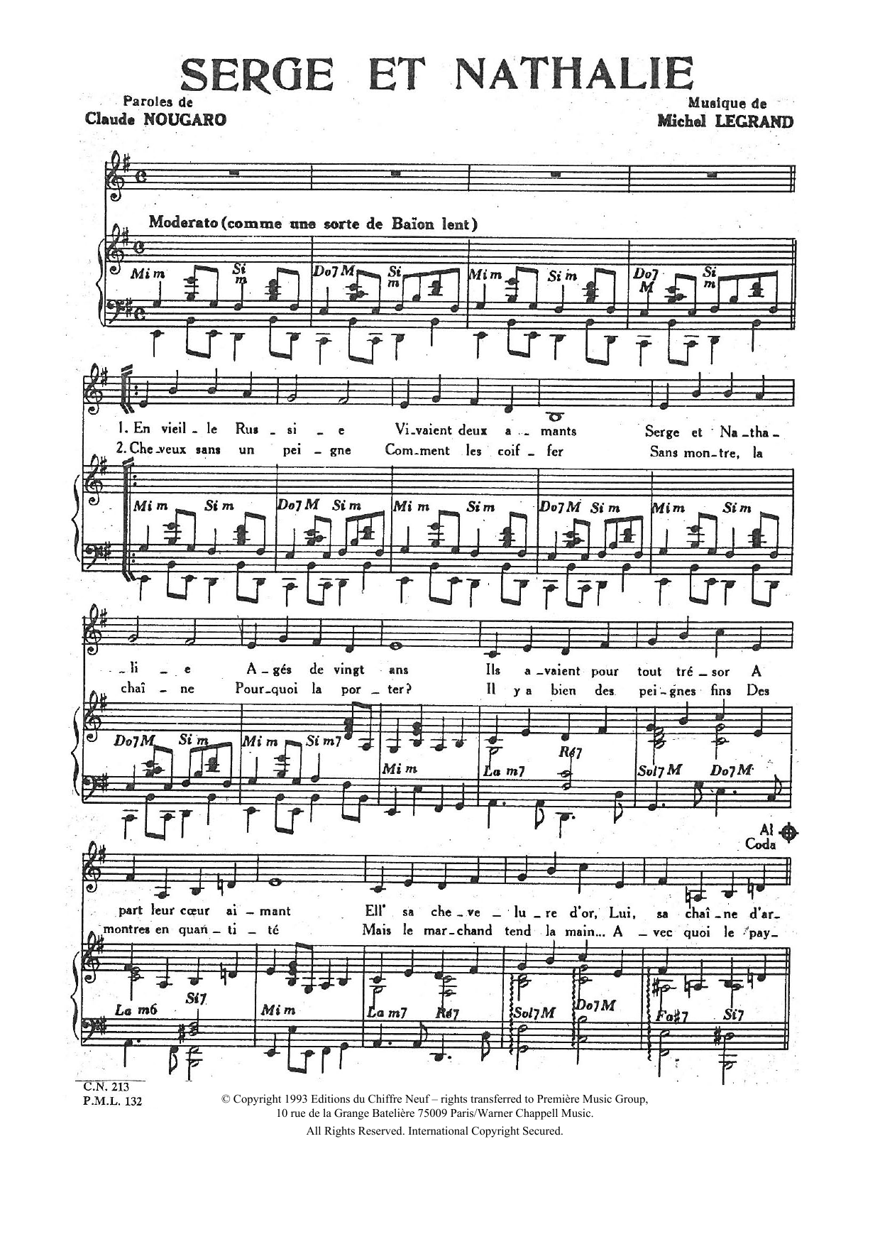 Download Claude Nougaro Serge Et Nathalie Sheet Music and learn how to play Piano & Vocal PDF digital score in minutes