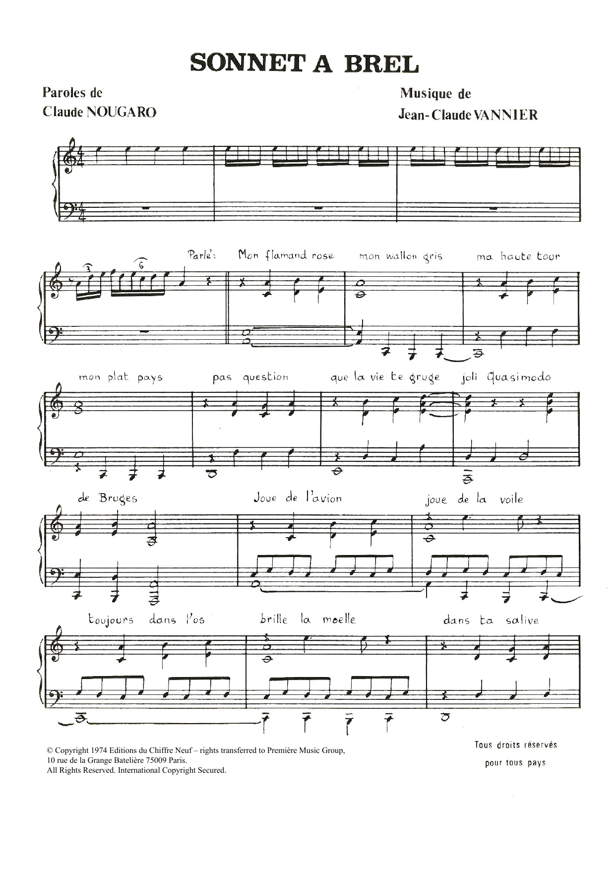 Download Claude Nougaro Sonnet A Brel Sheet Music and learn how to play Piano & Vocal PDF digital score in minutes
