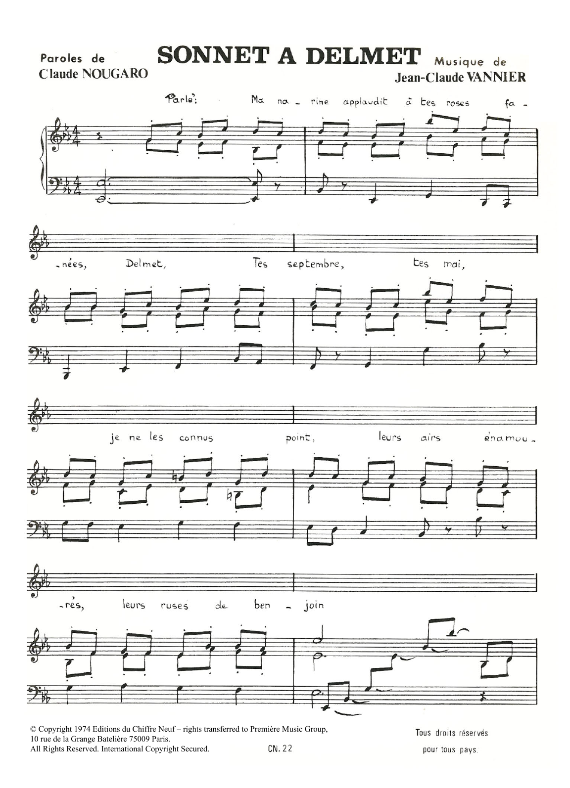 Download Claude Nougaro Sonnet A Delmet Sheet Music and learn how to play Piano & Vocal PDF digital score in minutes