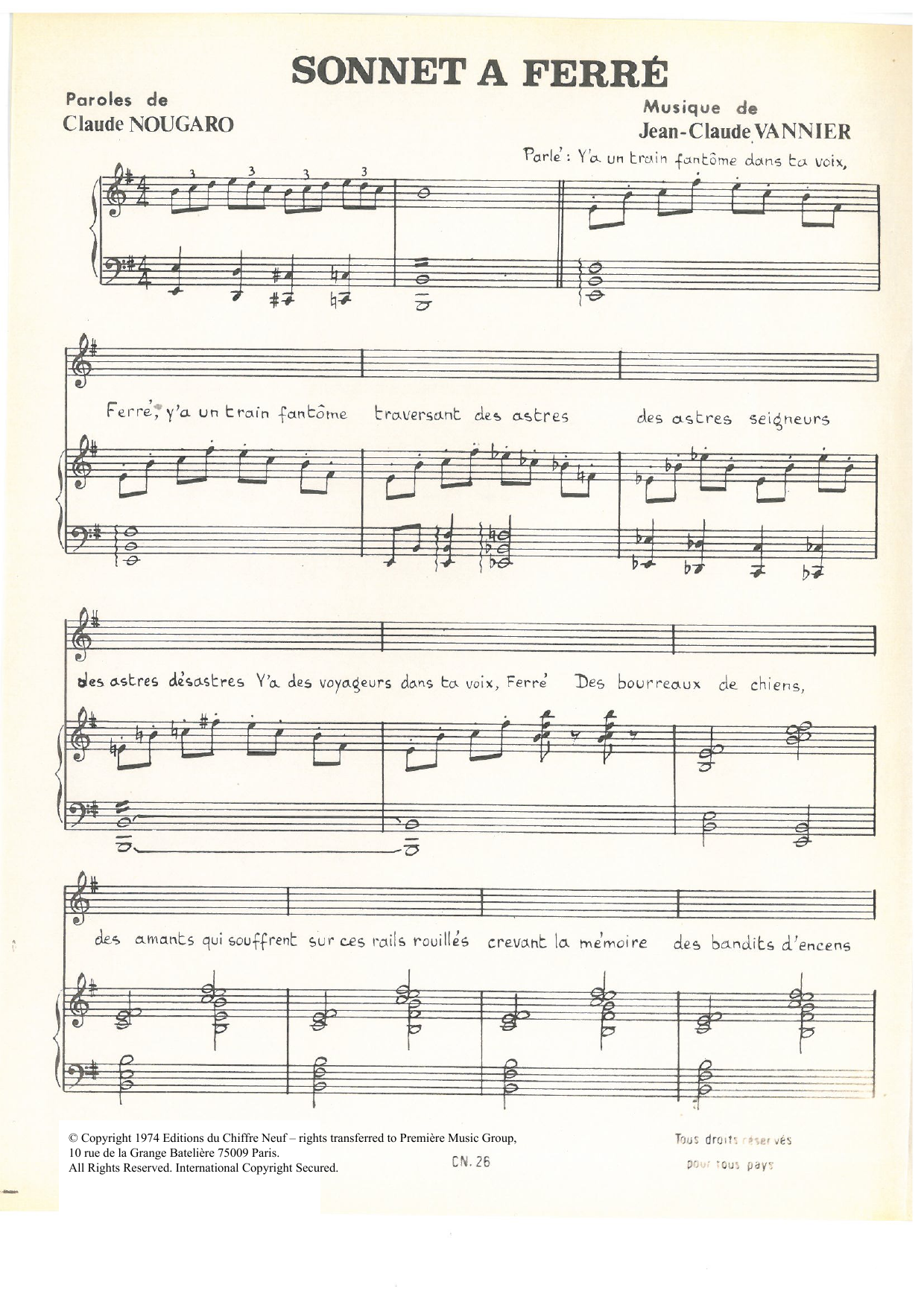 Download Claude Nougaro Sonnet A Ferré Sheet Music and learn how to play Piano & Vocal PDF digital score in minutes