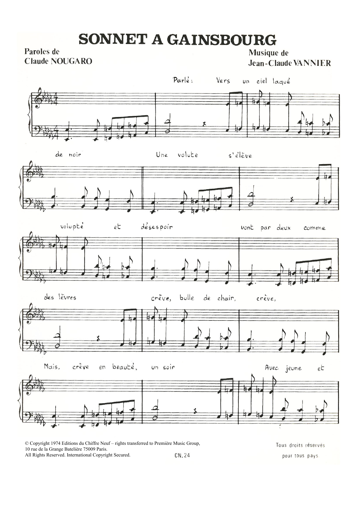 Download Claude Nougaro Sonnet A Gainsbourg Sheet Music and learn how to play Piano & Vocal PDF digital score in minutes
