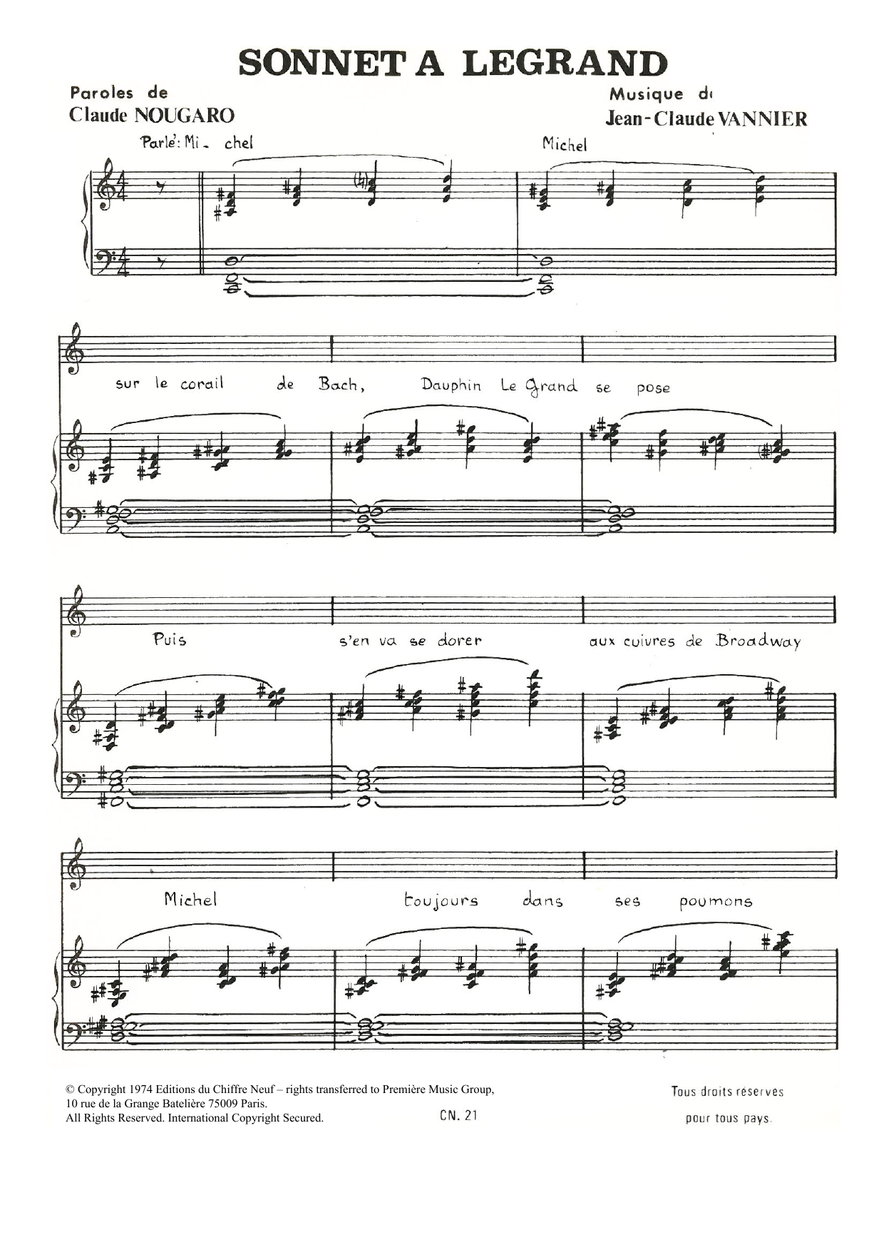 Download Claude Nougaro Sonnet A Legrand Sheet Music and learn how to play Piano & Vocal PDF digital score in minutes