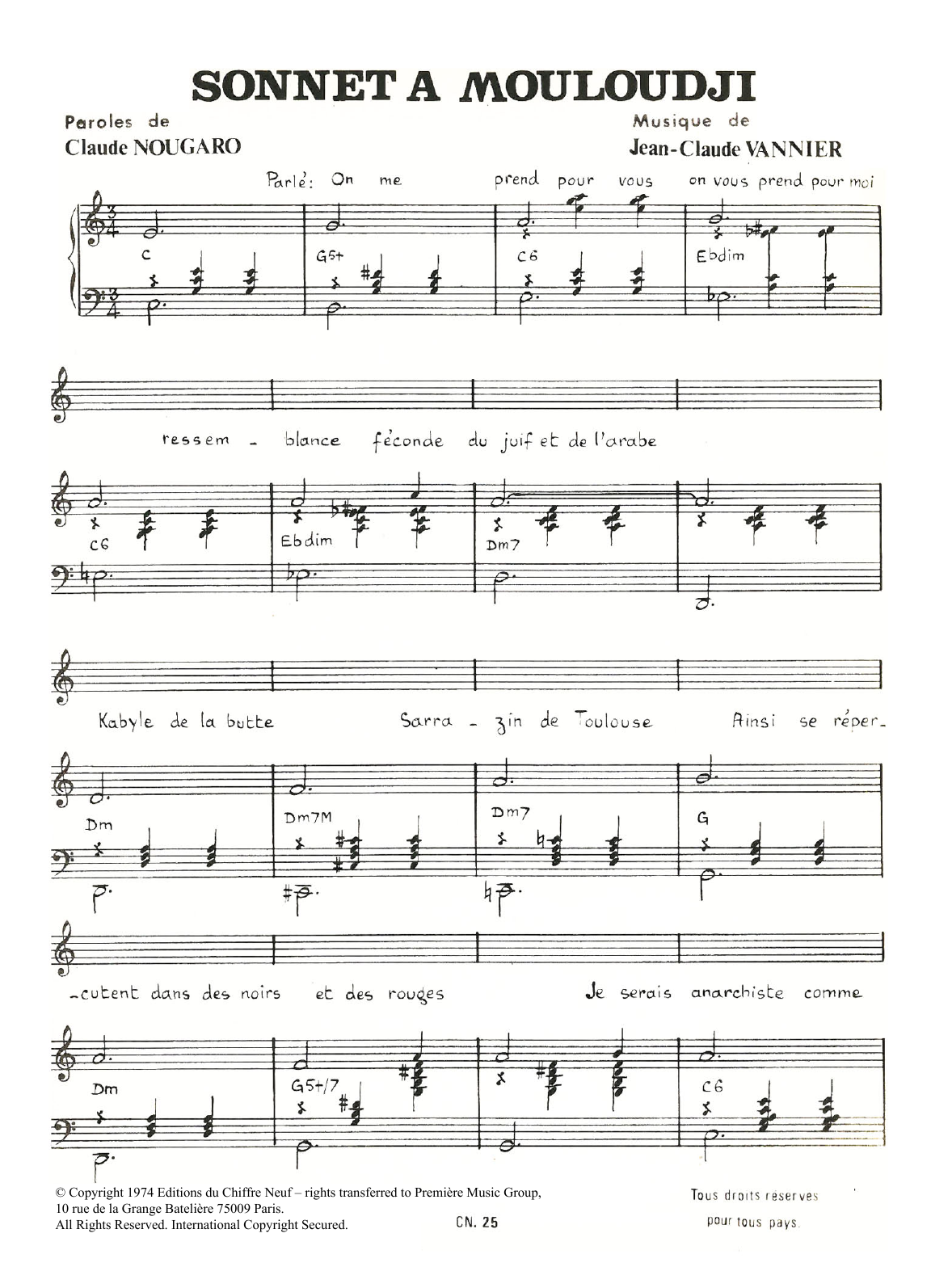 Download Claude Nougaro Sonnet A Mouloudji Sheet Music and learn how to play Piano & Vocal PDF digital score in minutes