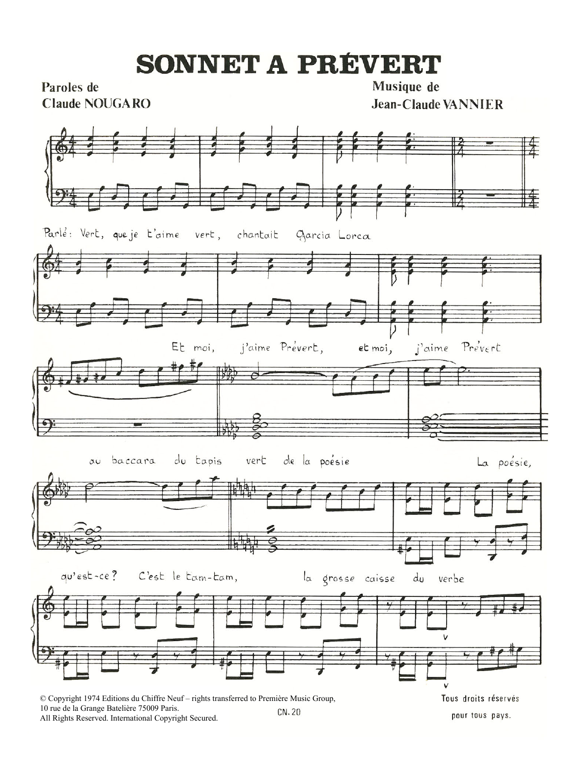 Download Claude Nougaro Sonnet A Prevert Sheet Music and learn how to play Piano & Vocal PDF digital score in minutes
