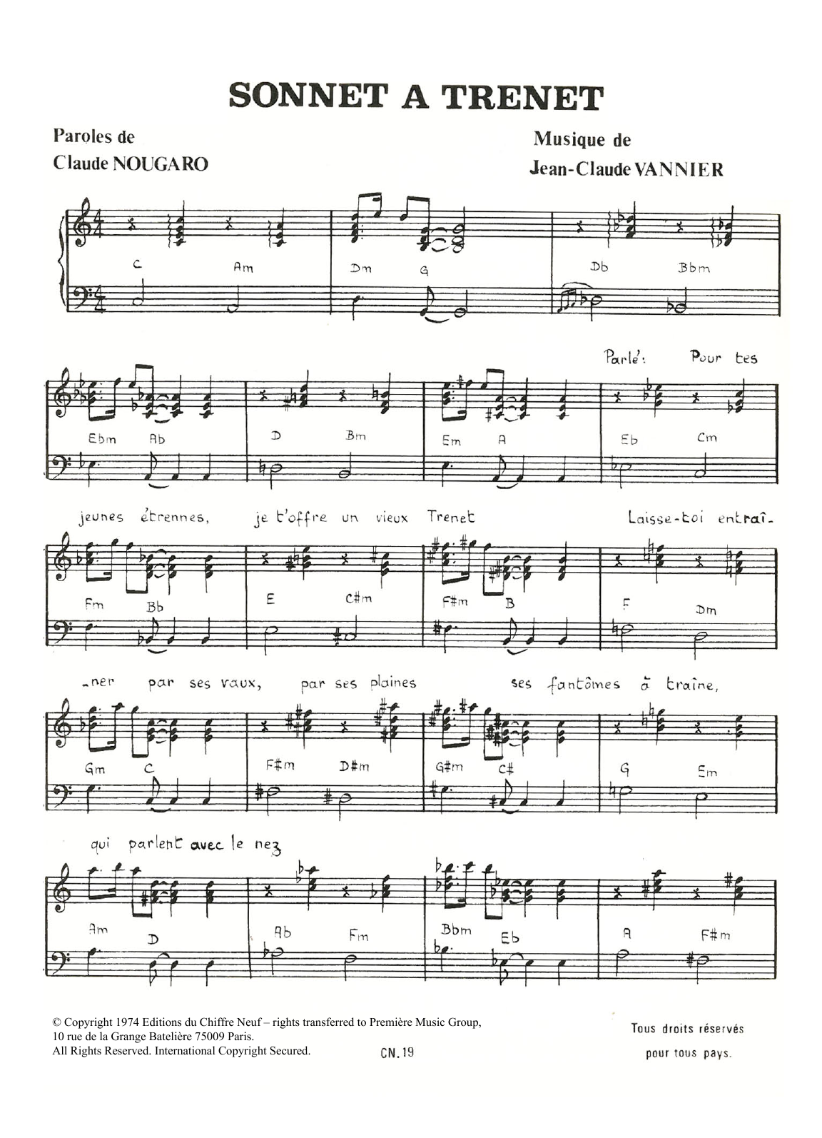 Download Claude Nougaro Sonnet A Trenet Sheet Music and learn how to play Piano & Vocal PDF digital score in minutes