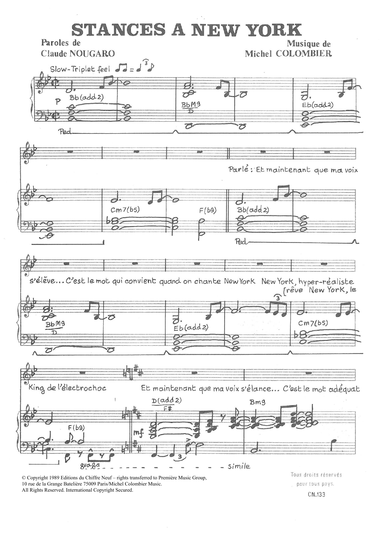 Download Claude Nougaro Stances A New York Sheet Music and learn how to play Piano & Vocal PDF digital score in minutes